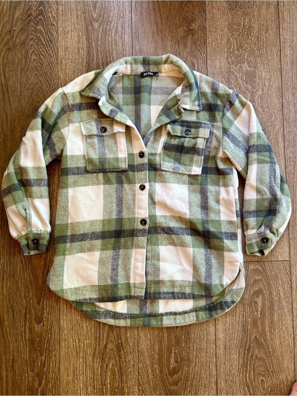 Soft Green Plaid Button-Front Shirt Jacket